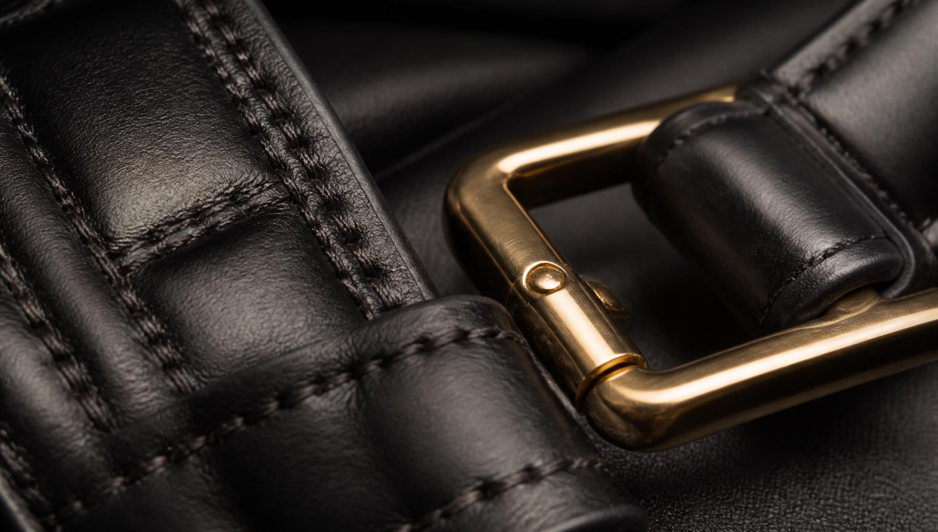 Close-up of fine stitching and gold hardware on black leather