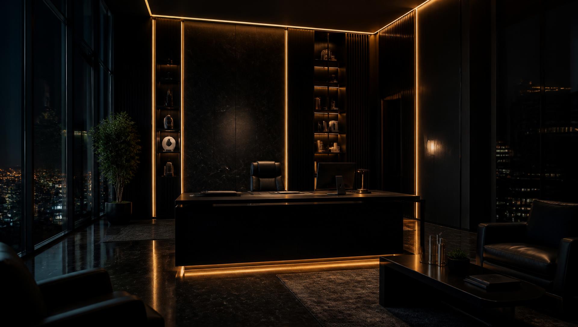 Dark luxury executive office at night with gold accent lighting